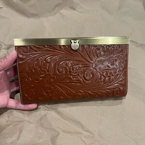 Patricia Nash Cauchy Tooled Leather Wallet with Brass Frame - Brown